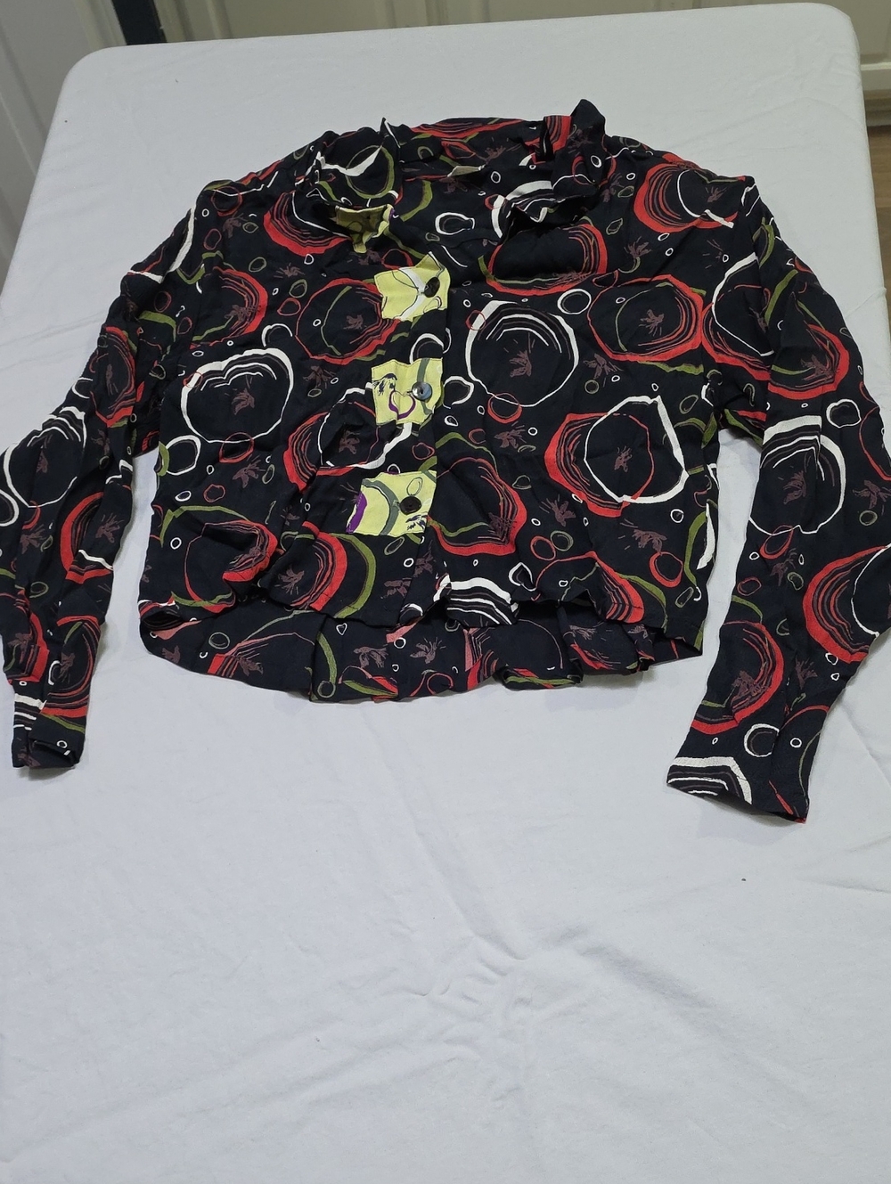 Vintage Linen Cropped Black Patterned Top with Red & Green Accents